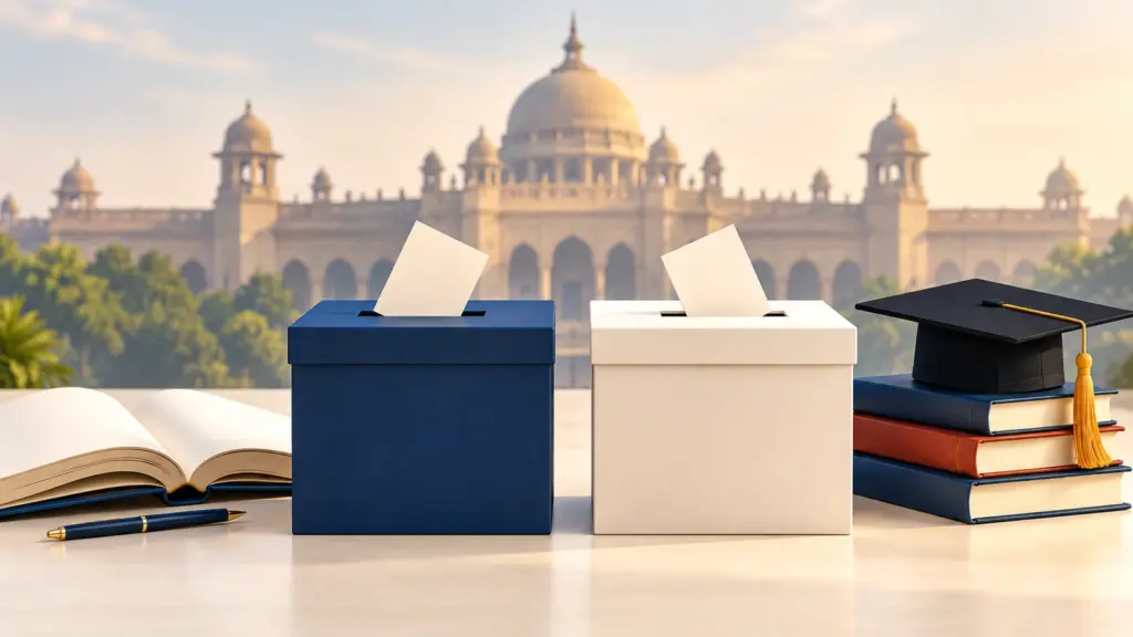 शिक्षक और स्नातक निर्वाचन का सांकेतिक AI चित्र—दो मतपेटियाँ, किताबें और स्नातक टोपी